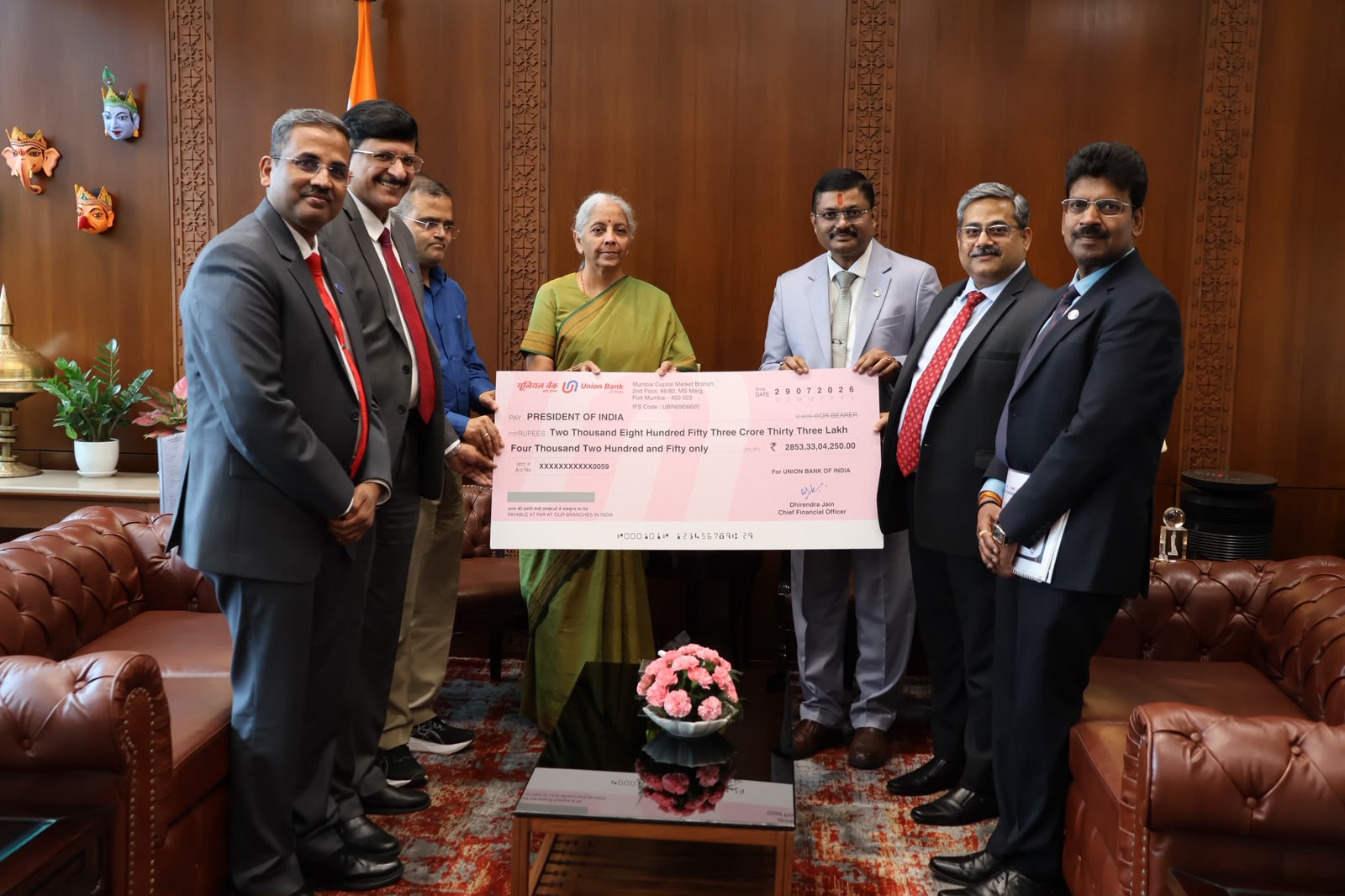 Union Bank India Presents Dividend Cheque to the Government of India